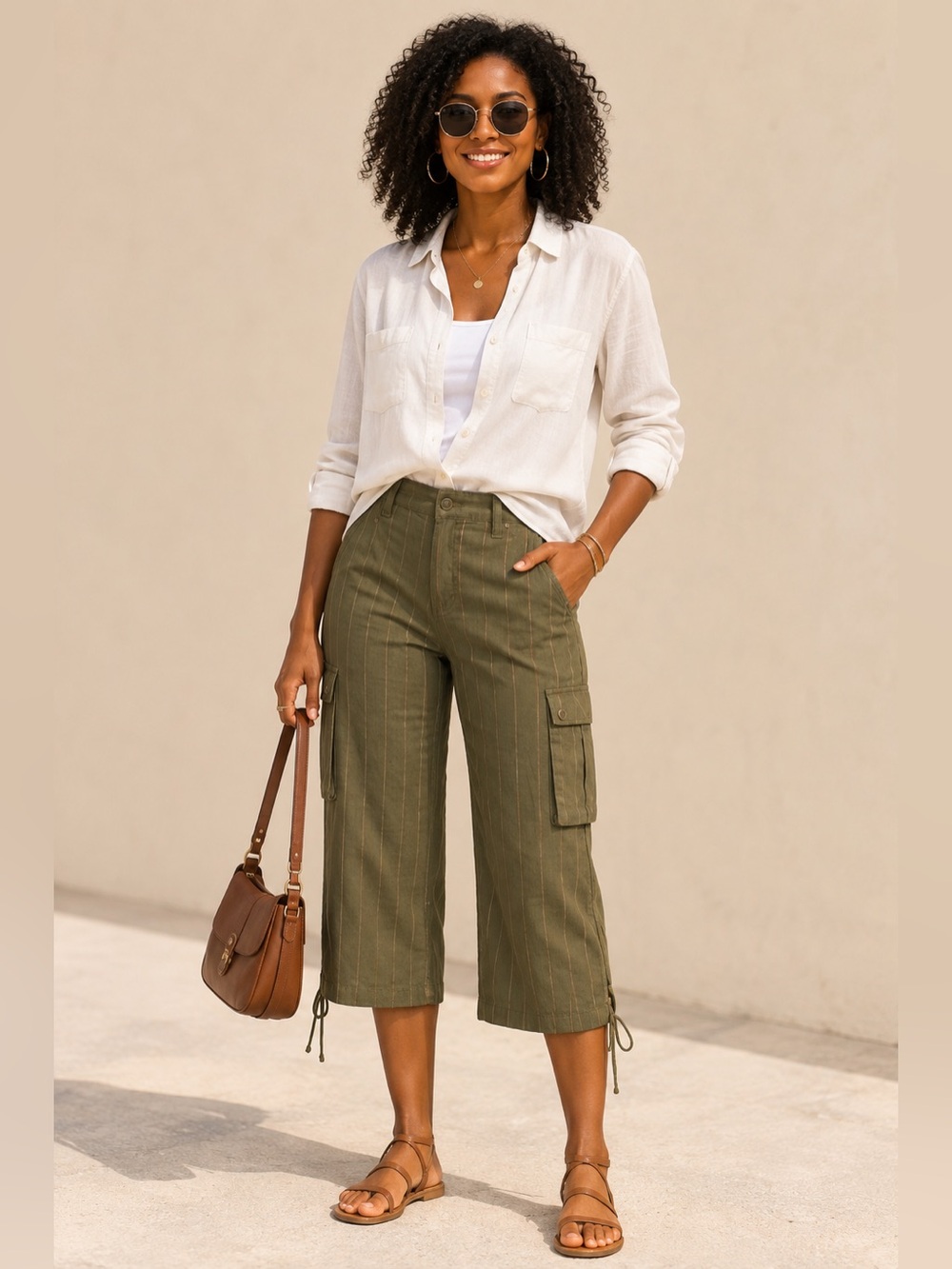 Zinc Palazzo Cargo Capri Pants Olive Green Size 9 Ramie Cotton Multi Pocket